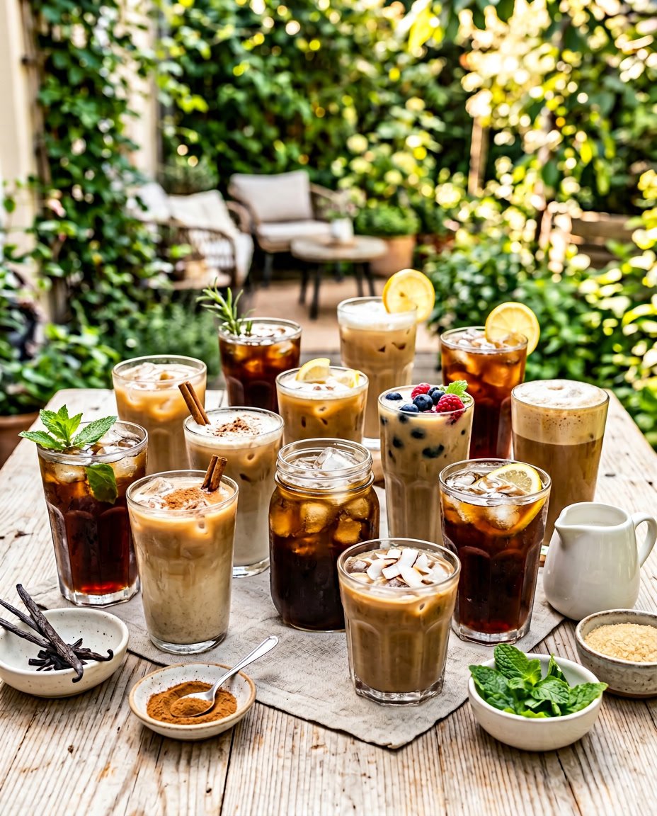 Summer Iced Coffee Recipes Under 100 Calories That Still Taste Like a Café Treat 1 Thirteen different iced coffee drinks lined up on a table, each with ice and individual garnishes including mint sprigs, lemon twists, and small bowls of spices and citrus in the foreground.