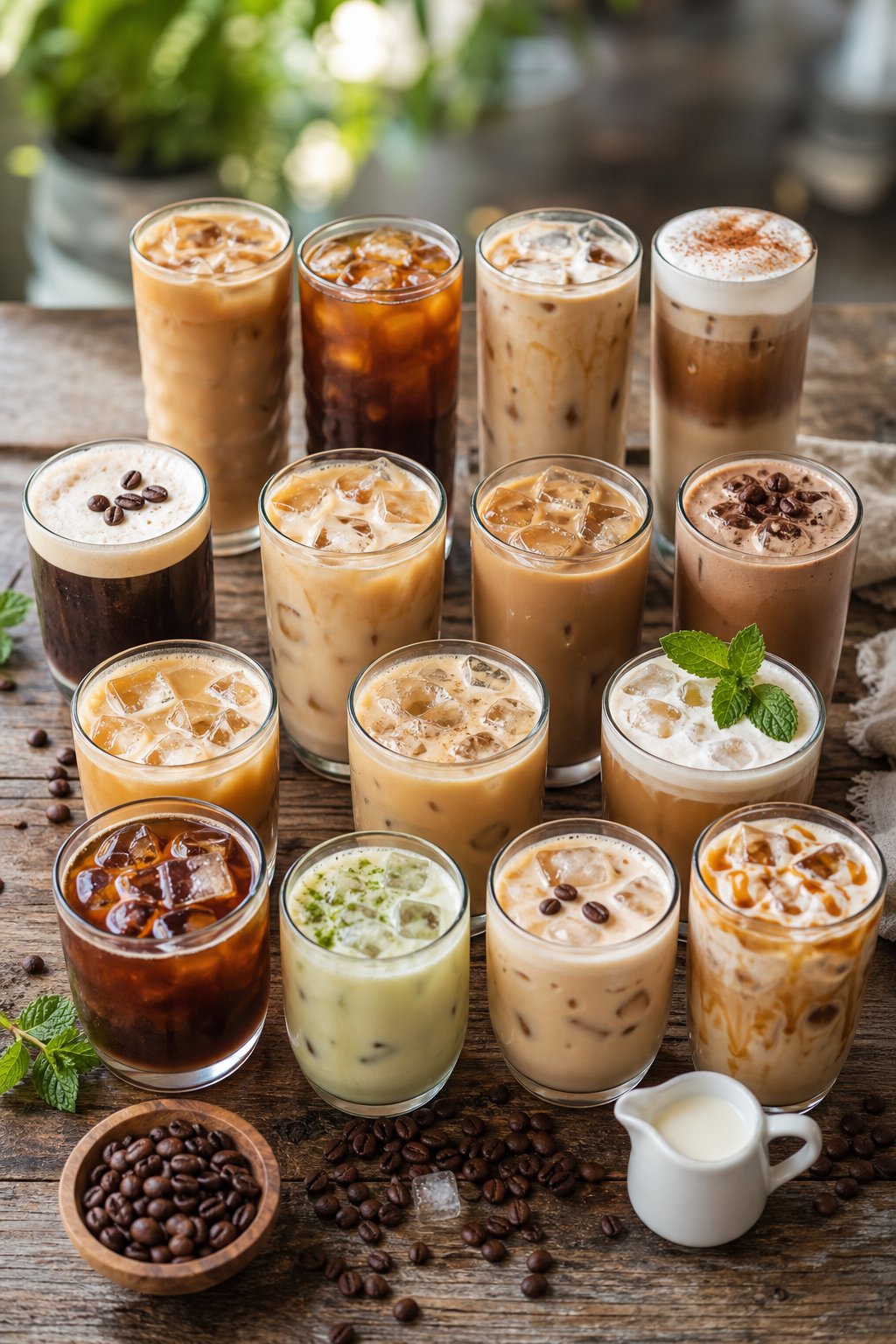 14 Iced Coffee Drinks Under 100 Calories That Still Taste Like a Treat 1 Fourteen different iced coffee drinks in clear glasses with ice and various toppings arranged on a wooden table.