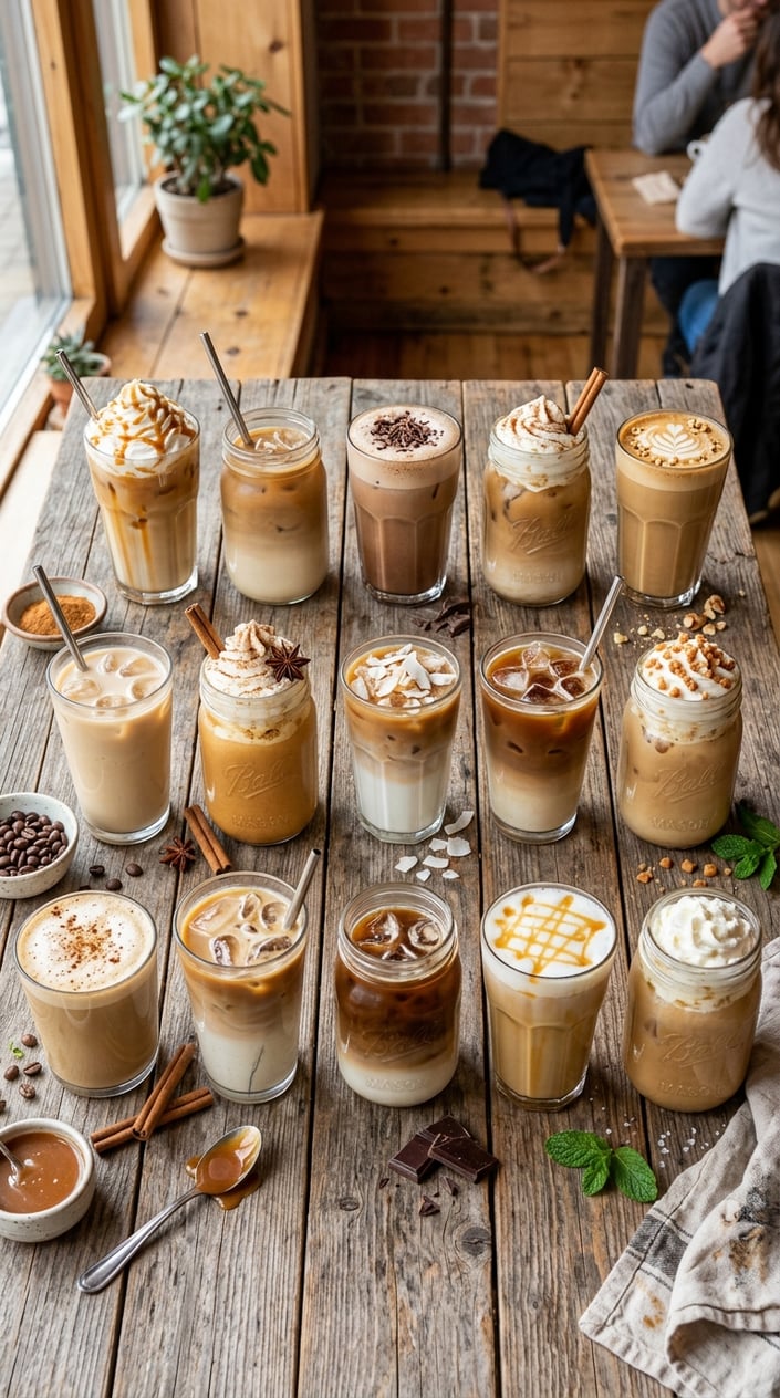 Iced Latte Variations That Taste Like a Coffee Shop Splurge 1 Fifteen iced latte variations arranged on a wooden table, each with distinct layering, toppings, and garnishes ranging from caramel drizzle to cardamom dust and orange zest.