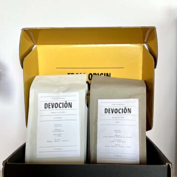 2 packs of Devocion Coffee are in a shipping box scaled