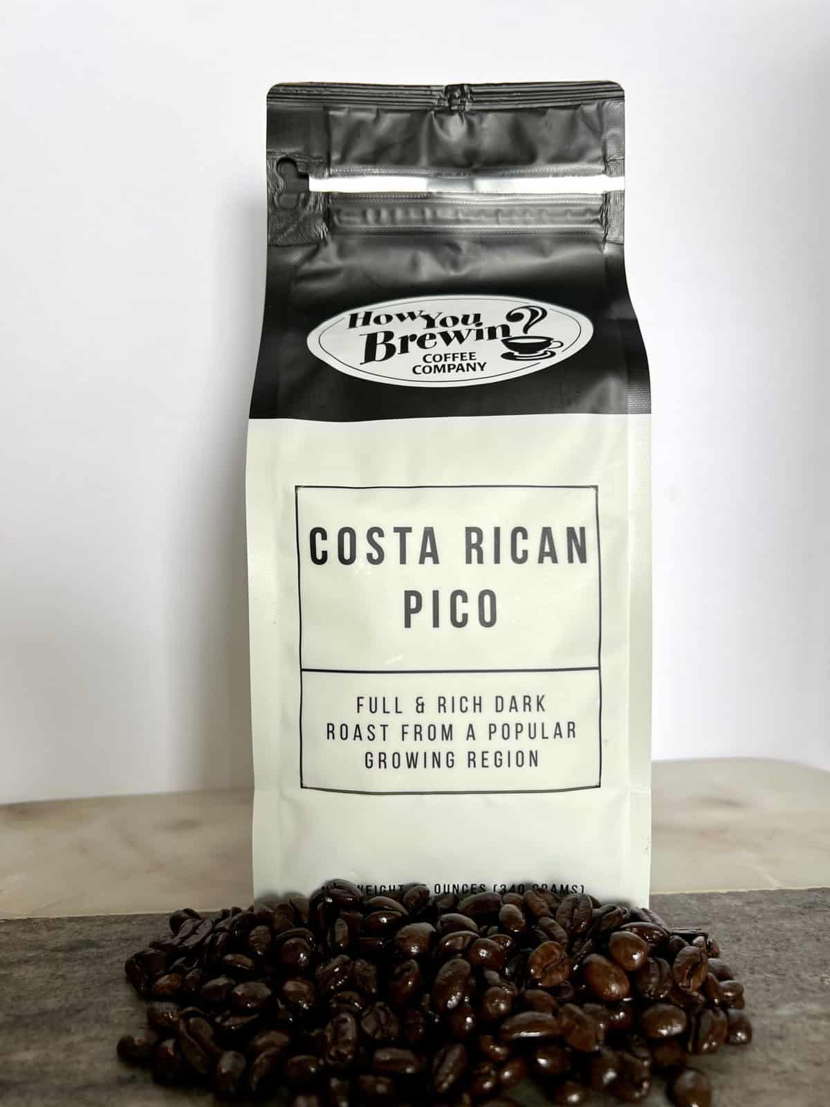 How You Brewin Coffee Subscription Review: Flavorful Brews 9 Costa-Rican-Pico-coffee-packaging-stands-on-coffee-beans-scaled