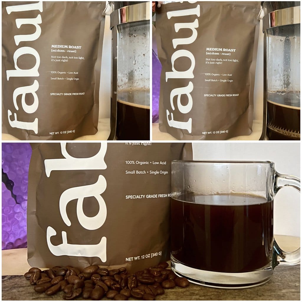 Fabula Coffee in brown pack next to a mug of coffee