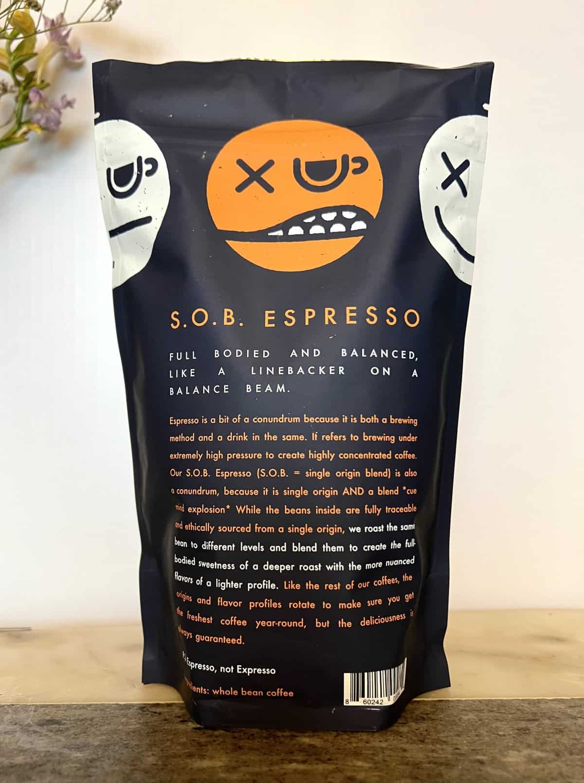 Folly Coffee Subscription Review: Quality Roasted Coffee 13 S.O.B. Espresso Folly coffee pack back side