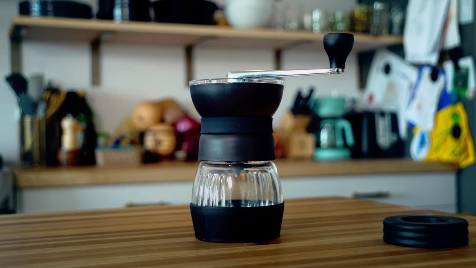 Hario Skerton Pro Coffee Grinder on the wooden table 