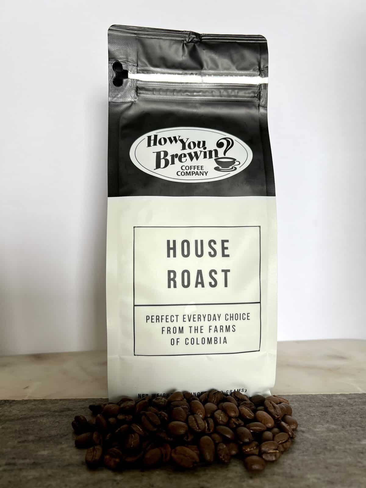 How You Brewin Coffee Subscription Review: Flavorful Brews 6 House-Roast-coffee-packaging-stands-on-coffee-beans-scaled