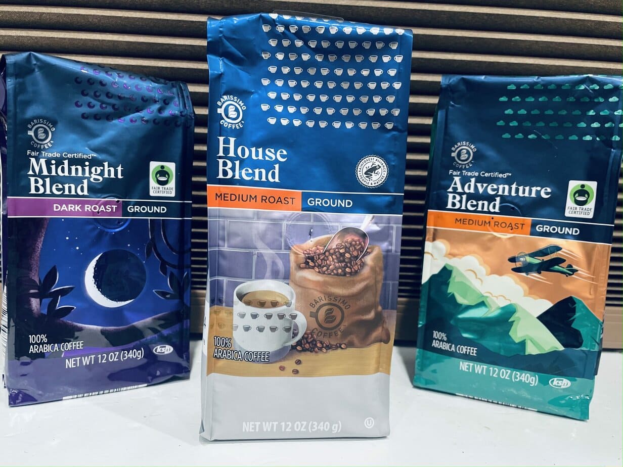 Adventure blend, Midnoght blend, House blend coffees from Aldi on the white table 