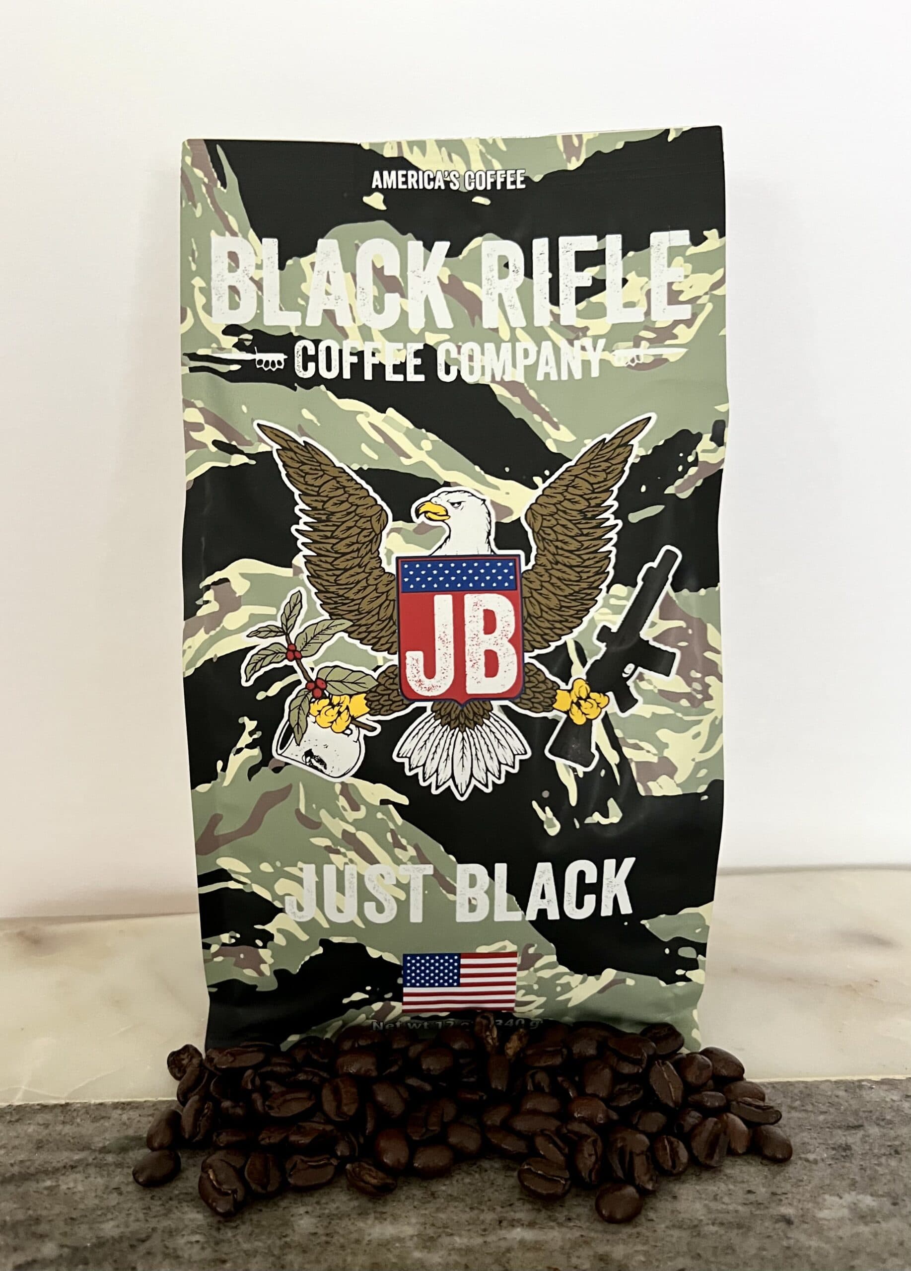 Just Black - Black Rifle Coffee next to the coffee beans 