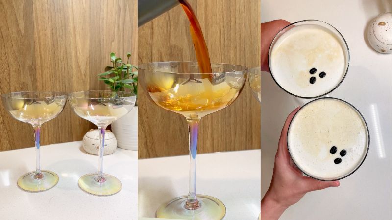 Pouring the contents of the cocktail glass into martini glasses