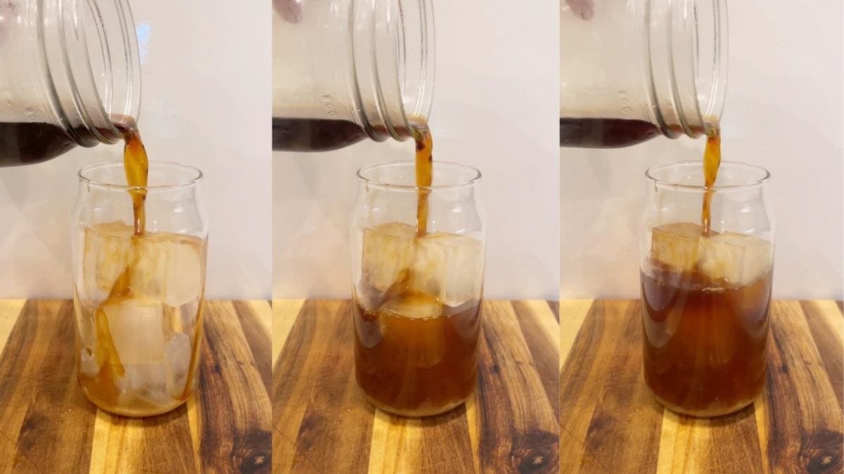 Pouring the cold brew coffee over the ice and caramel syrup