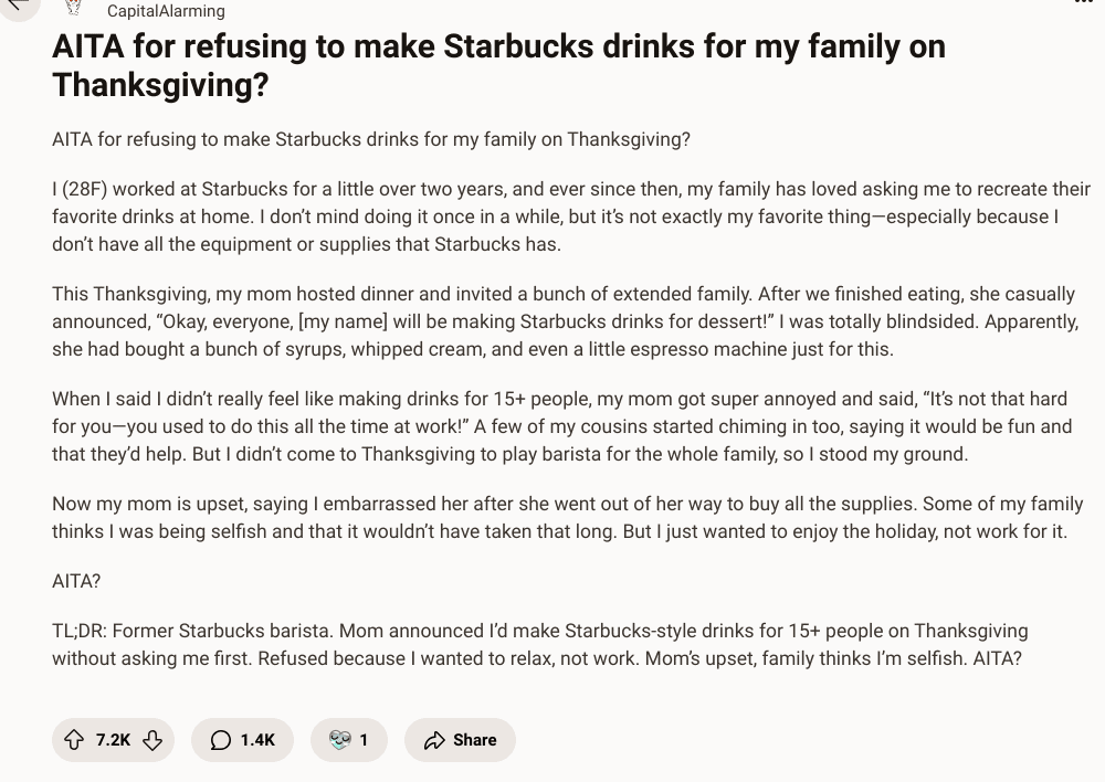 Ex-Starbucks Barista's Family Thanksgiving Drama Goes Viral After Mom's Surprise Coffee Bar Demand 1 Screenshot 2024 12 03 12.54.50 PM