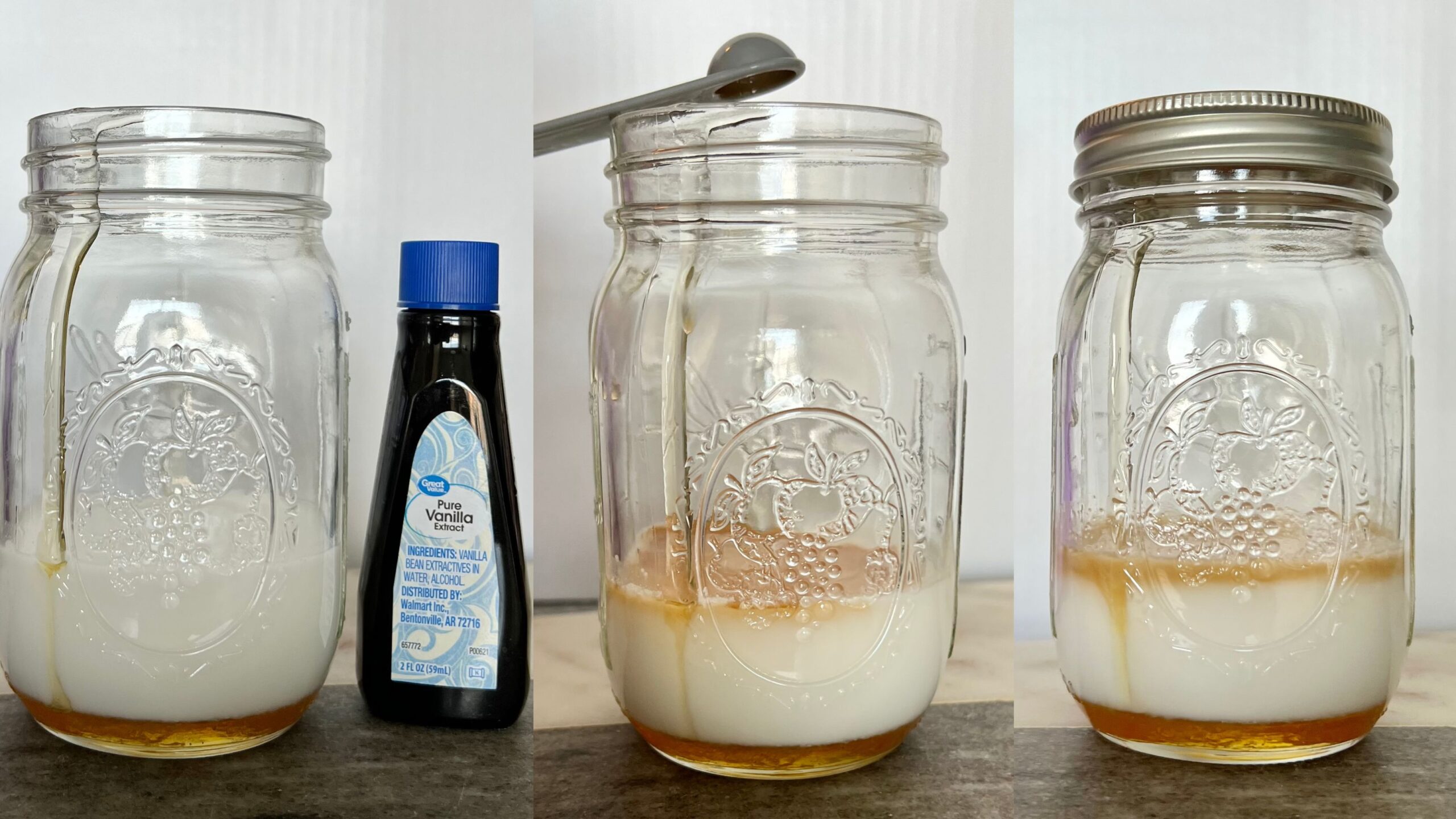 adding the Vanilla to a jar of milk and honey