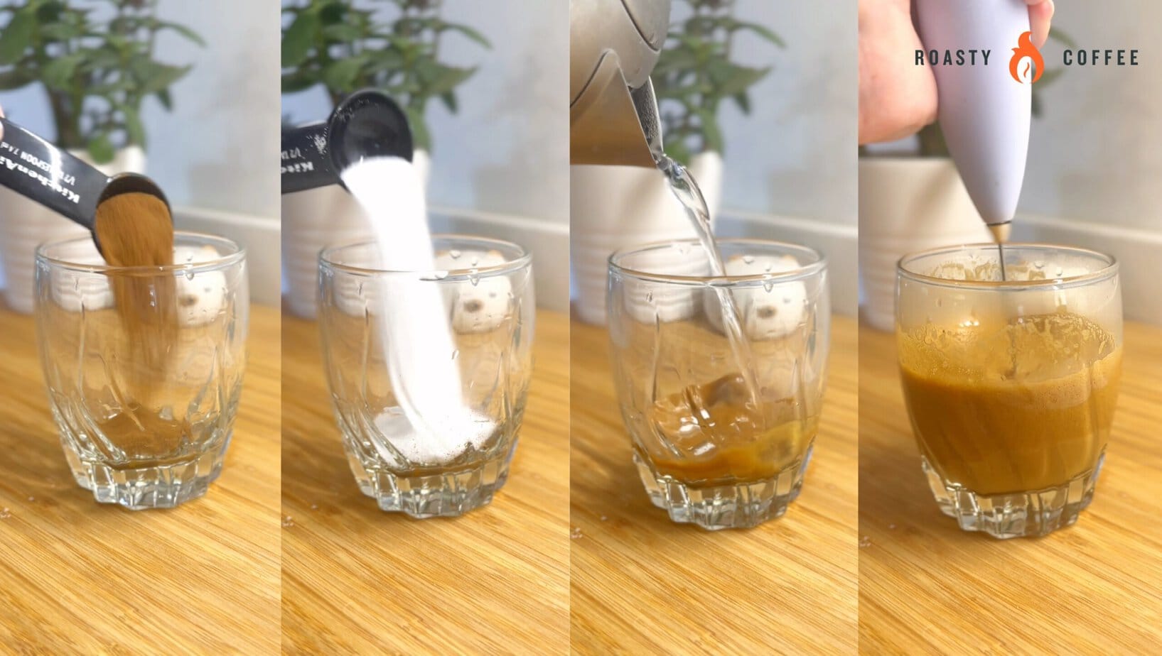adding coffee, sugar and water to the glass