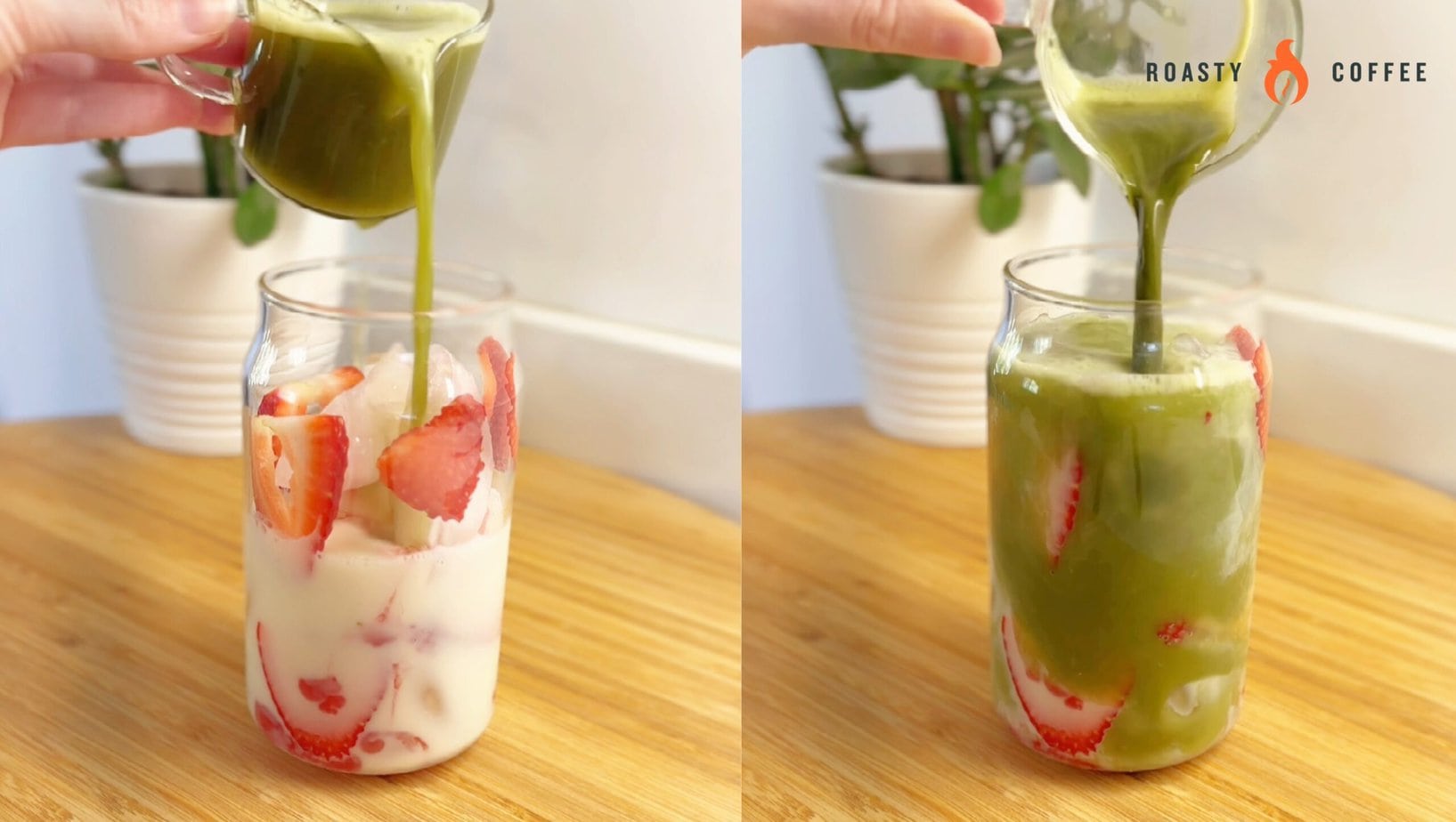 adding matcha into a glass with strawberry slices, milk and ice