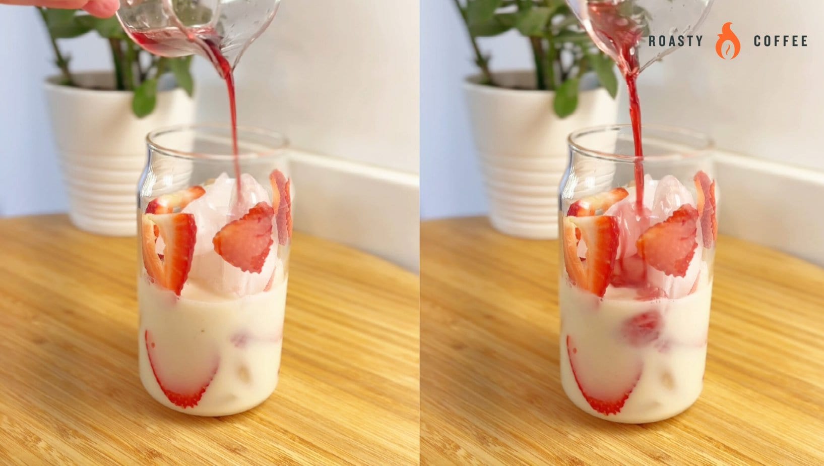 adding strawberry syrup to a glass with strawberry slices, milk and ice