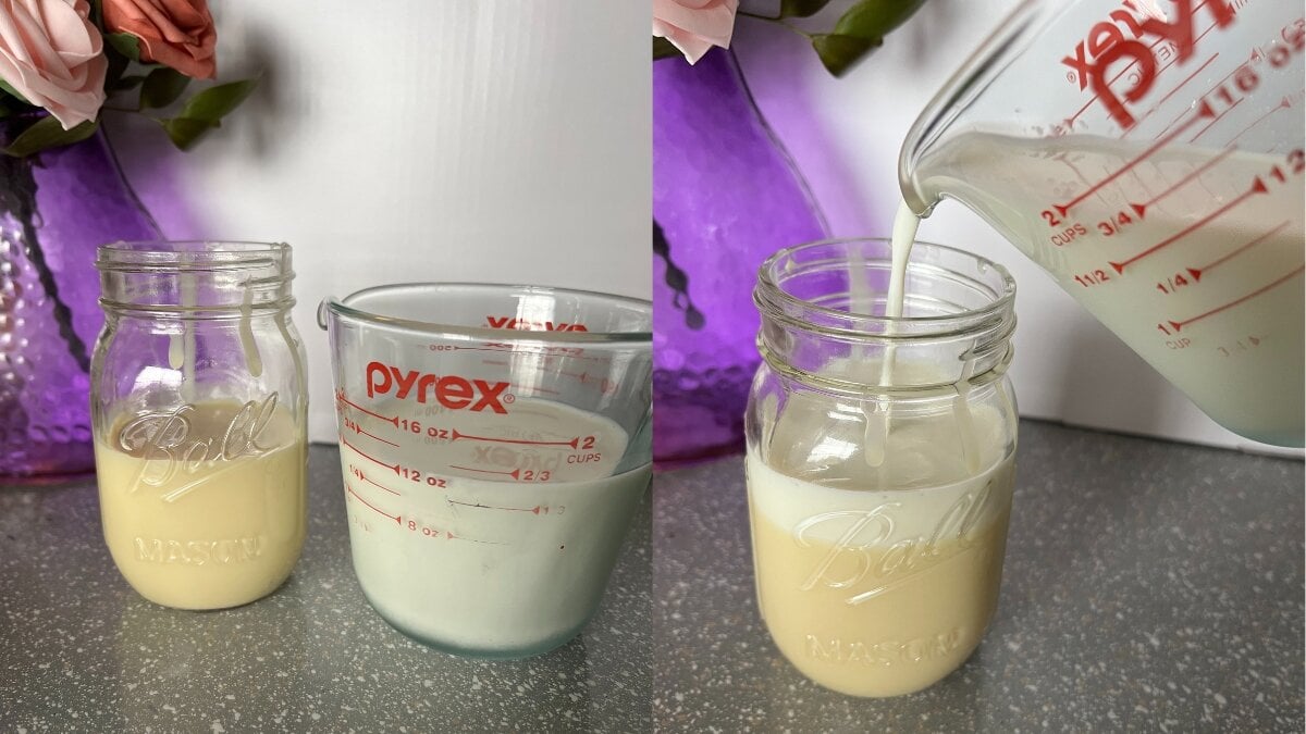 adding the liquid milk to your jar