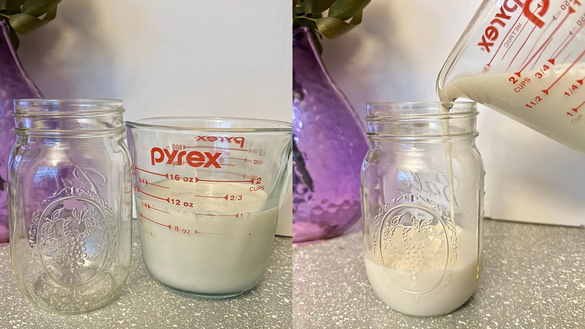 pouring the unsweetened almond milk into a mason jar