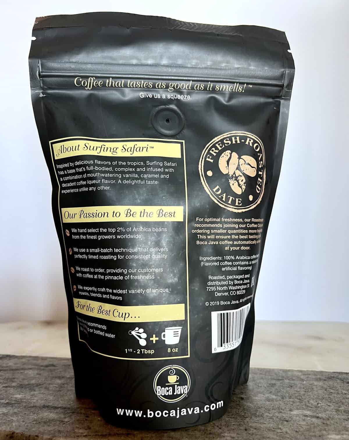 Boca Java Subscription Review: Specialty Flavored Coffees 8 back-of-Surfing-Safari-coffee-packaging-scaled (1)