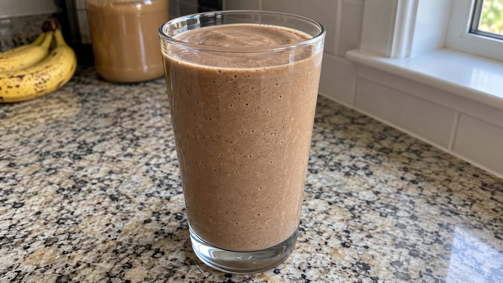 6 Protein Coffee Recipes: Iced Lattes, Mocha and Smoothies 10 Banana Peanut Butter Coffee Smoothie in a clear glass on a kitchen counter