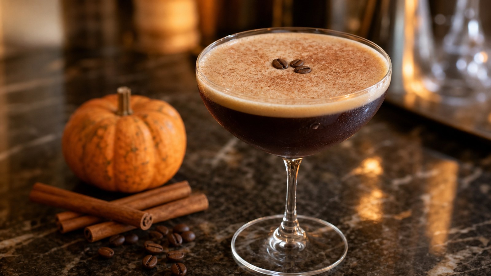 Coffee Cocktails to Celebrate Fall in Style 1 Pumpkin spice espresso martini with cinnamon foam and coffee bean garnish