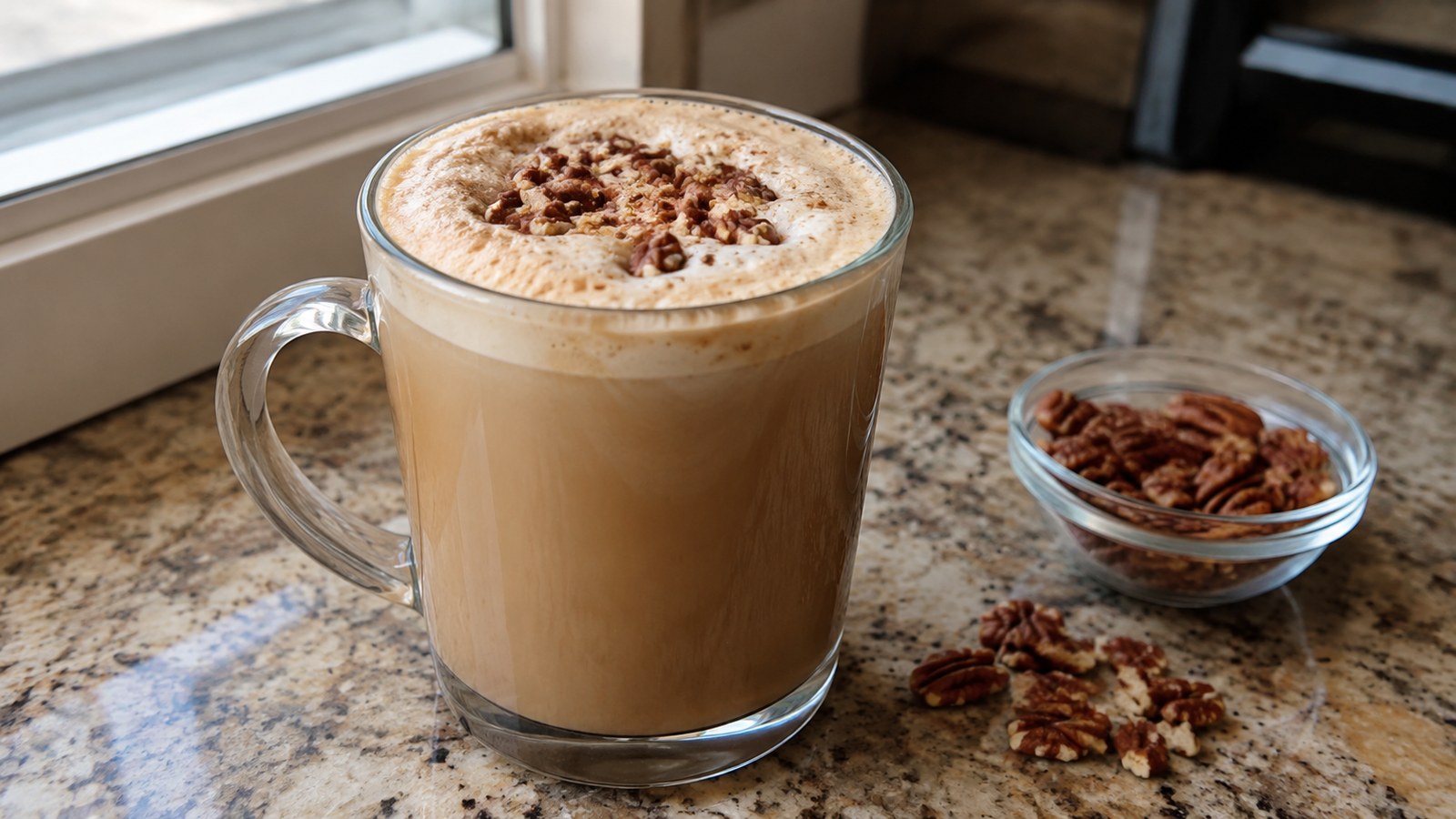 Fall-Inspired Coffee Recipes to Cozy Up With 22 Toasted Pecan Latte with Crunchy Pecan Topping