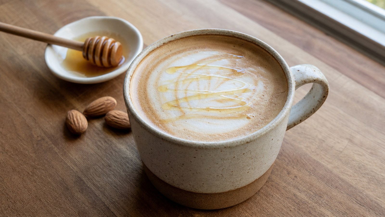 Fall-Inspired Coffee Recipes to Cozy Up With 34 Honey Almond Milk Flat White Drizzled with Honey