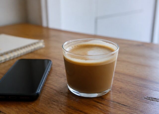 Generic coffee drink on a simple table for a coffee shops article