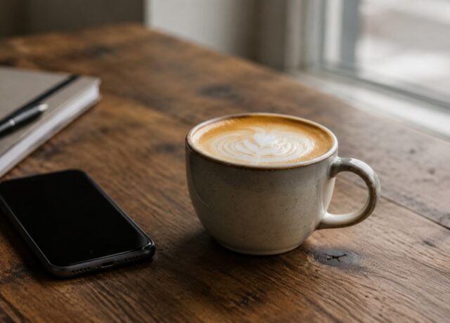 Generic coffee drink on a simple table for a coffee shops article