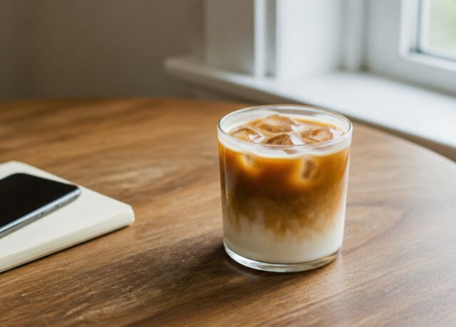 Generic coffee drink on a simple table for a coffee shops article
