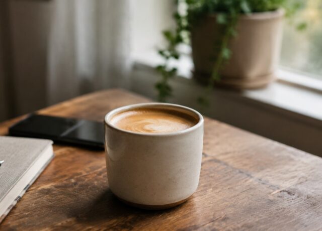 Generic coffee drink on a simple table for a coffee shops article