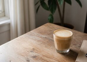 Generic coffee drink on a simple table for a coffee shops article
