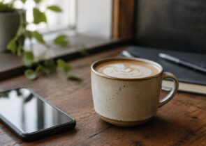 Generic coffee drink on a simple table for a coffee shops article