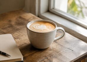 Generic coffee drink on a simple table for a coffee shops article
