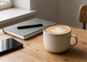 Generic coffee drink on a simple table for a coffee shops article