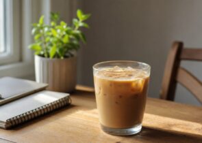 Generic coffee drink on a simple table for a coffee shops article