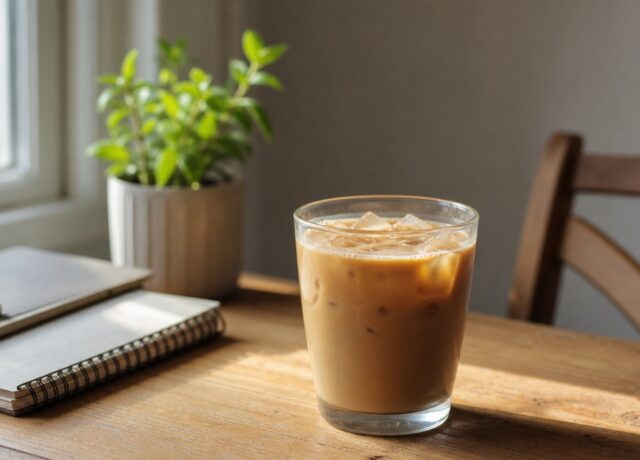 Generic coffee drink on a simple table for a coffee shops article