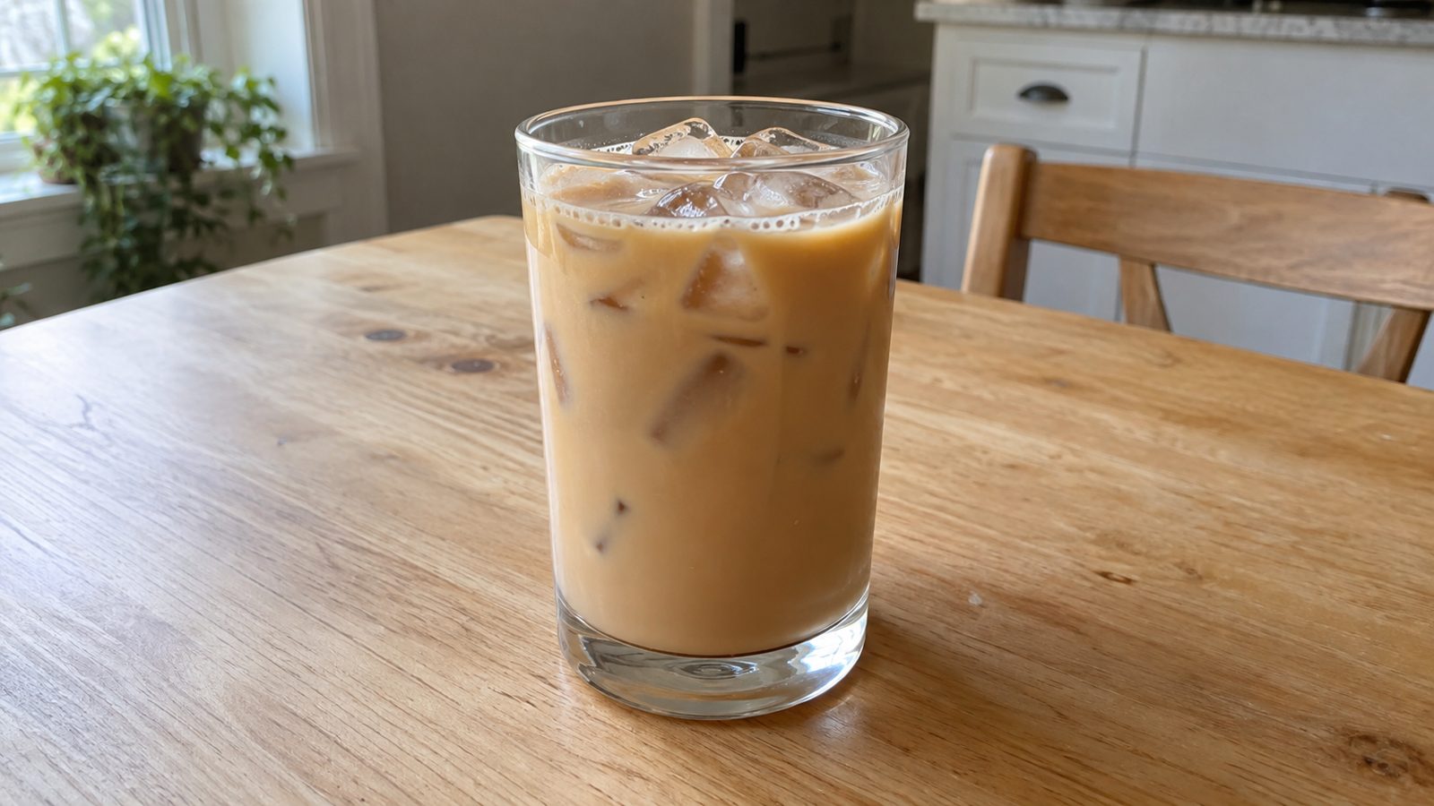 Homemade vanilla caramel iced breve with ice in a clear glass