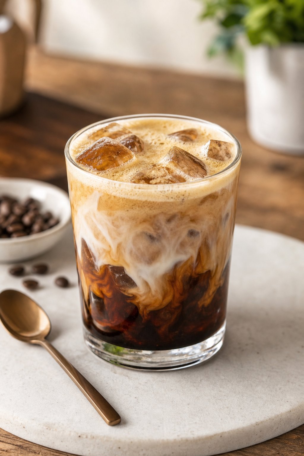 14 Iced Coffee Drinks Under 100 Calories That Still Taste Like a Treat 2 A glass of iced brown sugar shaken espresso with oat milk on a table, surrounded by coffee-related items.