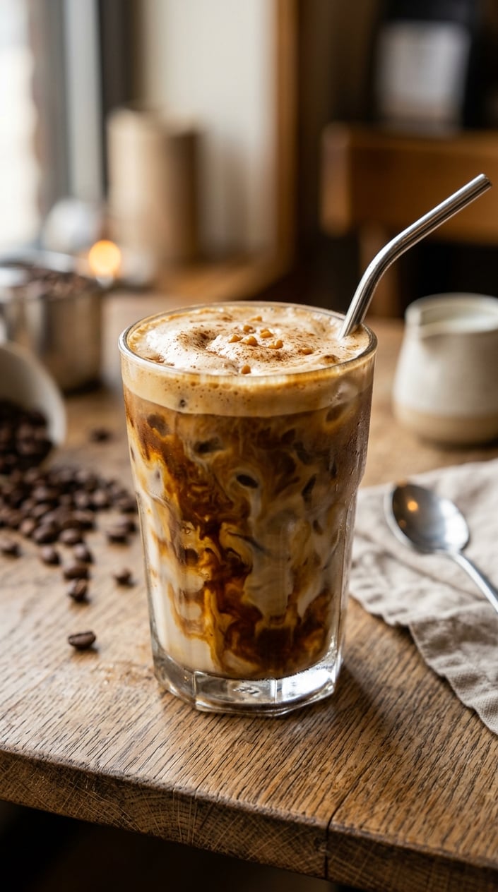 Iced Latte Variations That Taste Like a Coffee Shop Splurge 2 A glass of iced latte with a warm caramel-brown sugar layer visible through the glass, double-shot espresso poured over top, wooden table with blurred coffee props in the background.