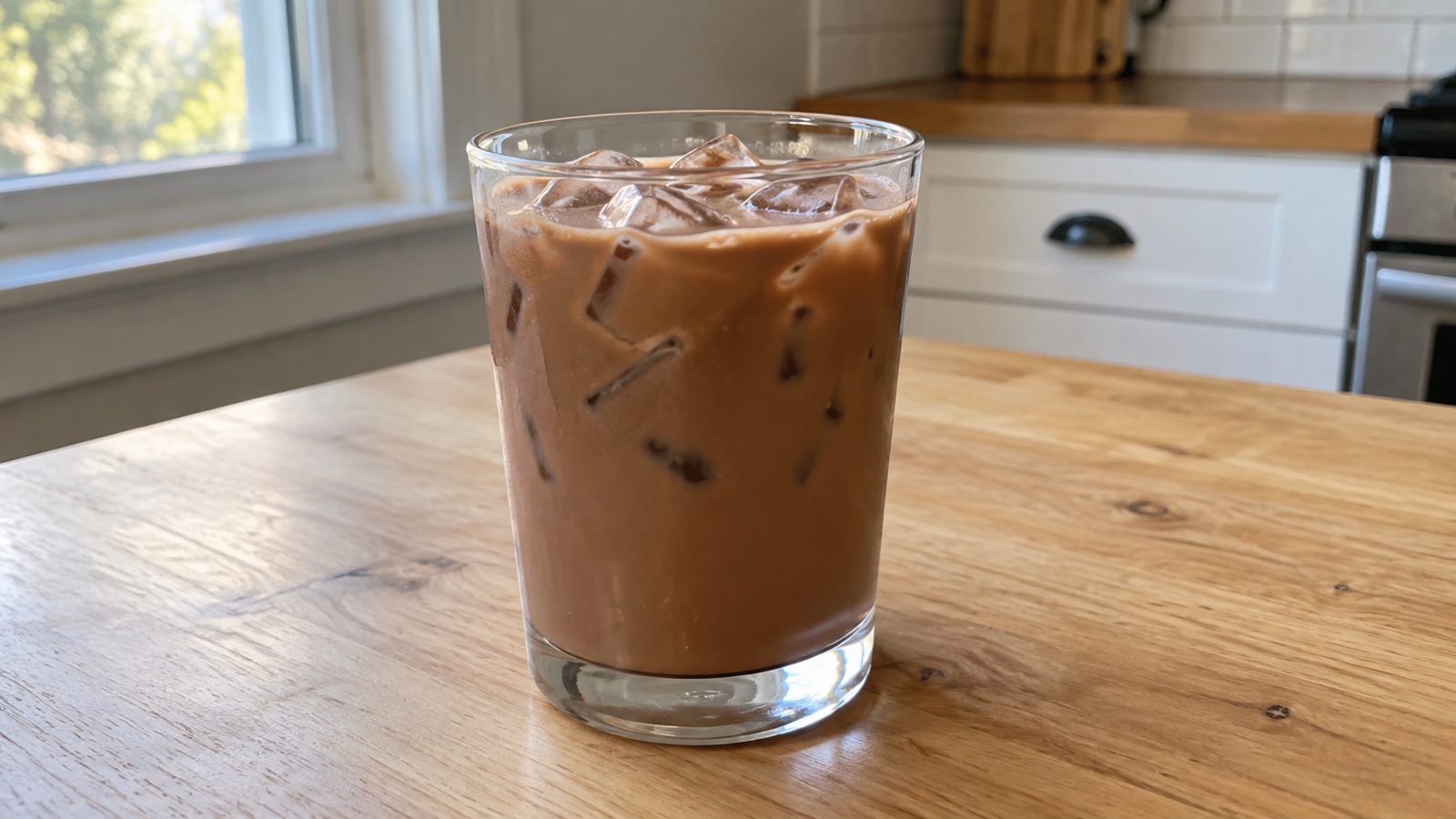 7 Homemade 7 Brew-Inspired Coffee Drinks 4 Brunette-Inspired Hazelnut Caramel Mocha in a clear glass on a kitchen counter