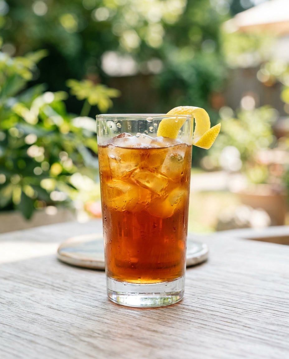 Summer Iced Coffee Recipes Under 100 Calories That Still Taste Like a Café Treat 8 A glass of pale amber cascara iced coffee with large ice cubes and a wide lemon peel garnish draped over the rim, with soft blurred greenery in the background.