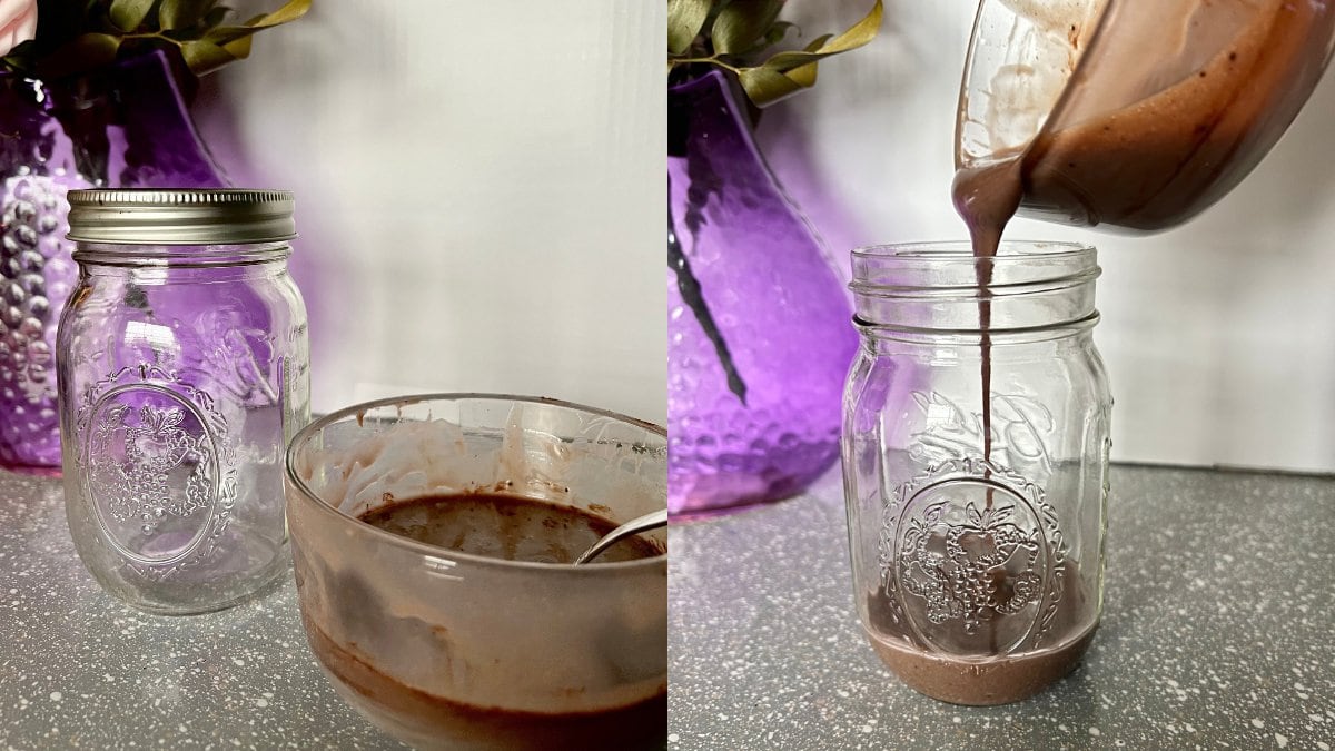 pouring cocoa powder and sweetened condensed milk mixture into mason jar 