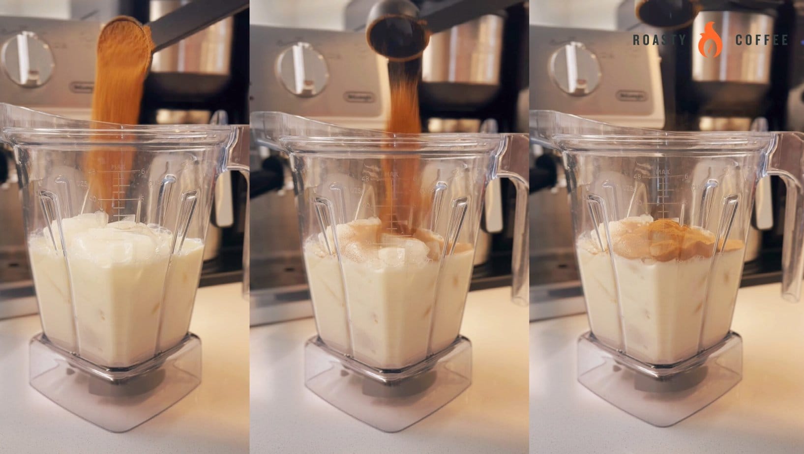 adding coffee into the blender with milk