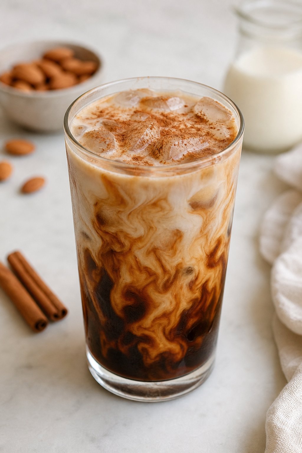 14 Iced Coffee Drinks Under 100 Calories That Still Taste Like a Treat 5 A glass of cold brew coffee mixed with cinnamon almond milk on a table with cinnamon sticks and almonds in the background.