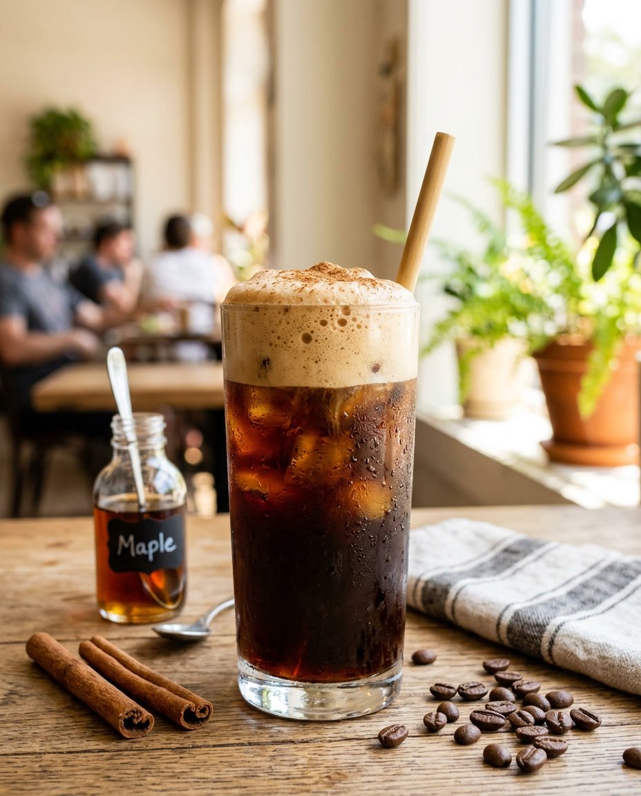 Summer Iced Coffee Recipes Under 100 Calories That Still Taste Like a Café Treat 2 A glass of cold brew coffee topped with a thick, pale cinnamon-maple foam on a wooden table, with cinnamon sticks and a small maple syrup bottle arranged nearby.