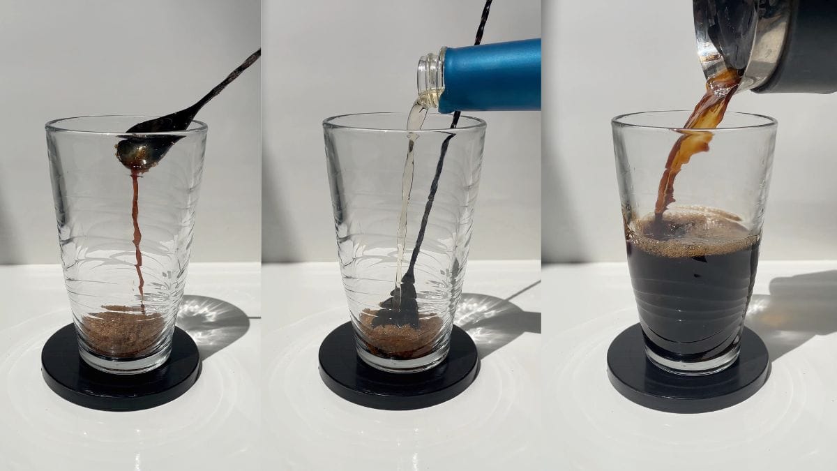 Combining dark brown sugar, vanilla extract, vanilla syrup, and coffee