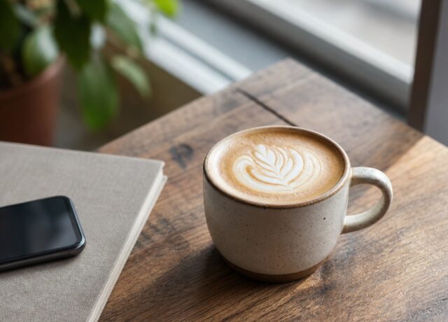 Generic coffee drink on a simple table for a coffee shops article