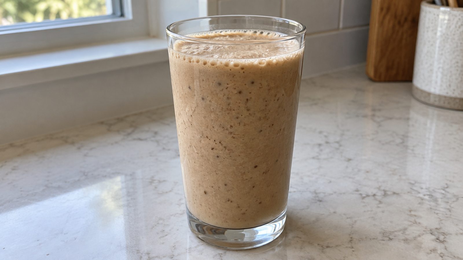 6 Protein Coffee Recipes: Iced Lattes, Mocha and Smoothies 16 Plant-Based Date and Tahini Protein Coffee in a clear glass on a kitchen counter