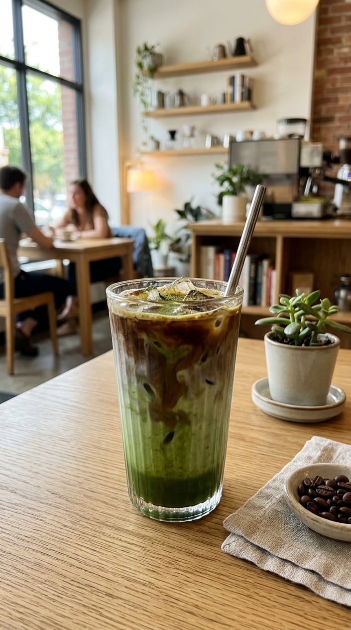Iced Latte Variations That Taste Like a Coffee Shop Splurge 13 A tall glass of iced dirty matcha latte showing a distinct layered gradient from bright green matcha at the top to pale milk below, ice cubes visible through the glass, wooden table with a blurred café background.