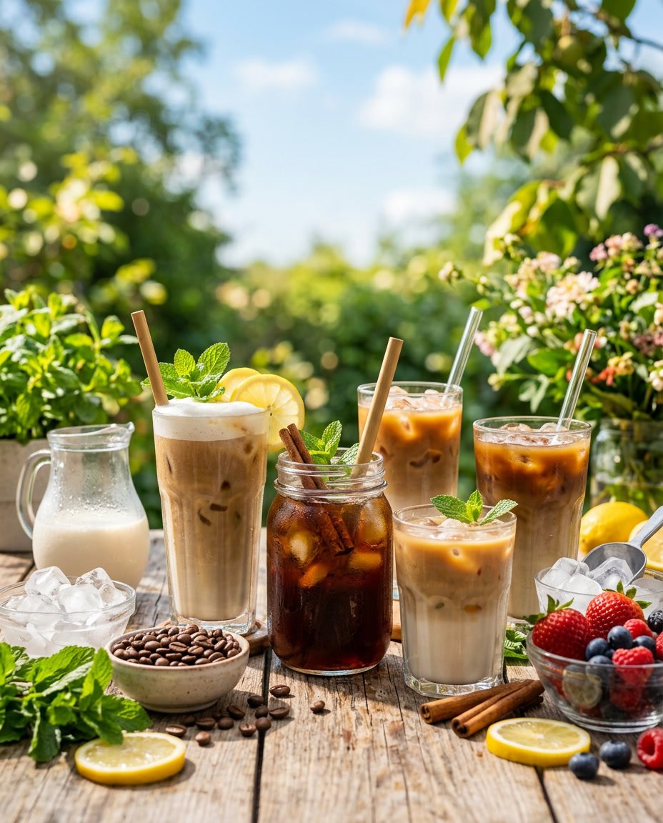 Summer Iced Coffee Recipes Under 100 Calories That Still Taste Like a Café Treat 15 An overhead view of several iced coffee drinks in various glasses arranged on a wooden table outdoors, with fresh fruit slices, coffee beans, and garnish sprigs spread around them.