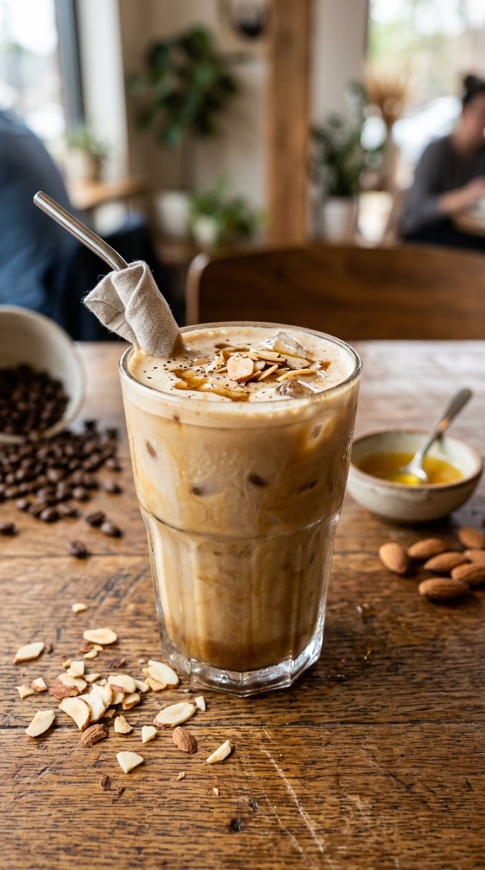 Iced Latte Variations That Taste Like a Coffee Shop Splurge 14 A glass of iced latte over ice with a pale golden color from almond brown butter syrup, whole almonds and a small ramekin of brown butter syrup on the wooden surface beside it.